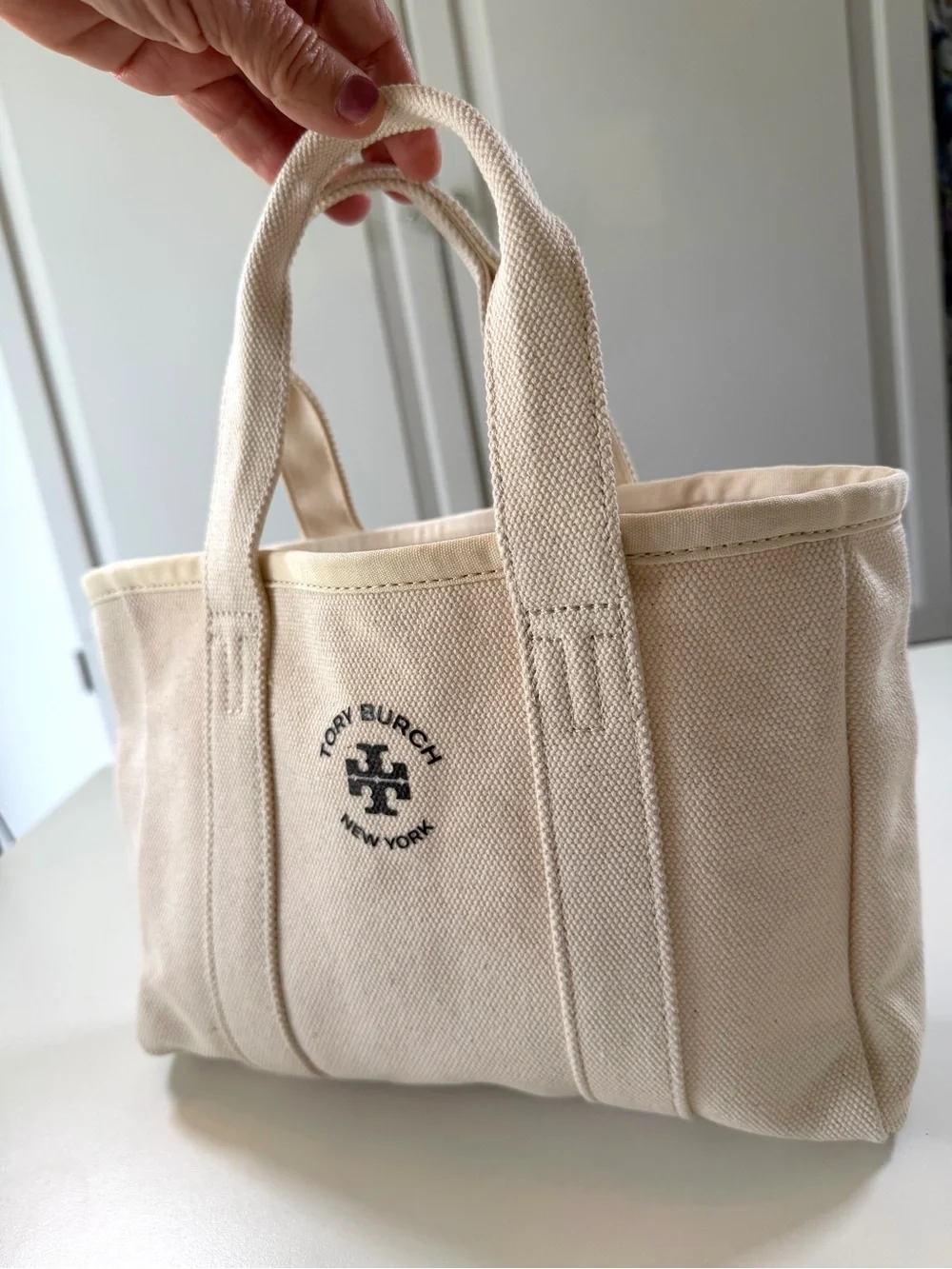 Tory Burch Ella Small Tote Bag Natural Ivory Canvas Logo Everyday Carryall